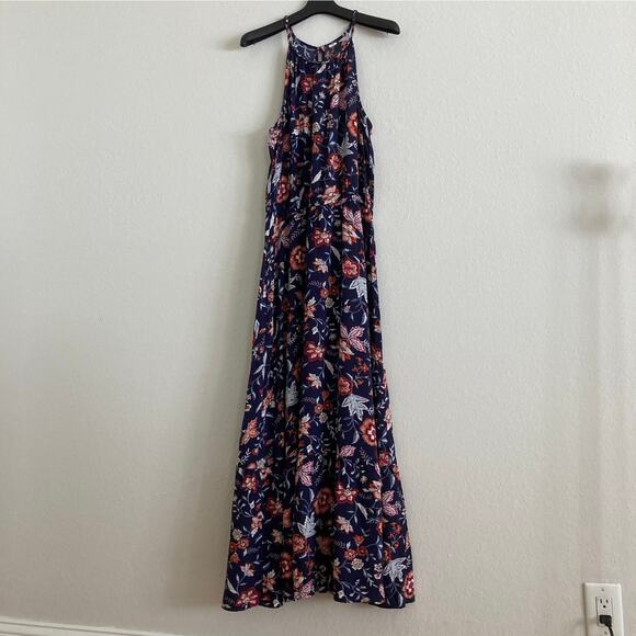 Old Navy Halter Strappy Navy Red Floral Tiered Maxi Dress Size M 100% Rayon - Picture 1 of 5